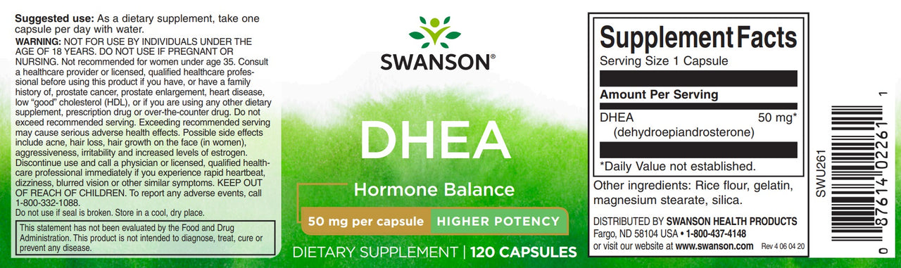 A label for Swanson DHEA - 50 mg 120 capsules supplements.