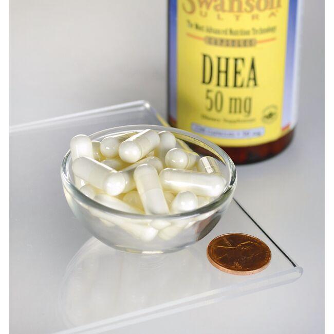 A bowl of Swanson DHEA - 50 mg 120 capsules next to a bottle of Swanson DHEA - 50 mg 120 capsules.