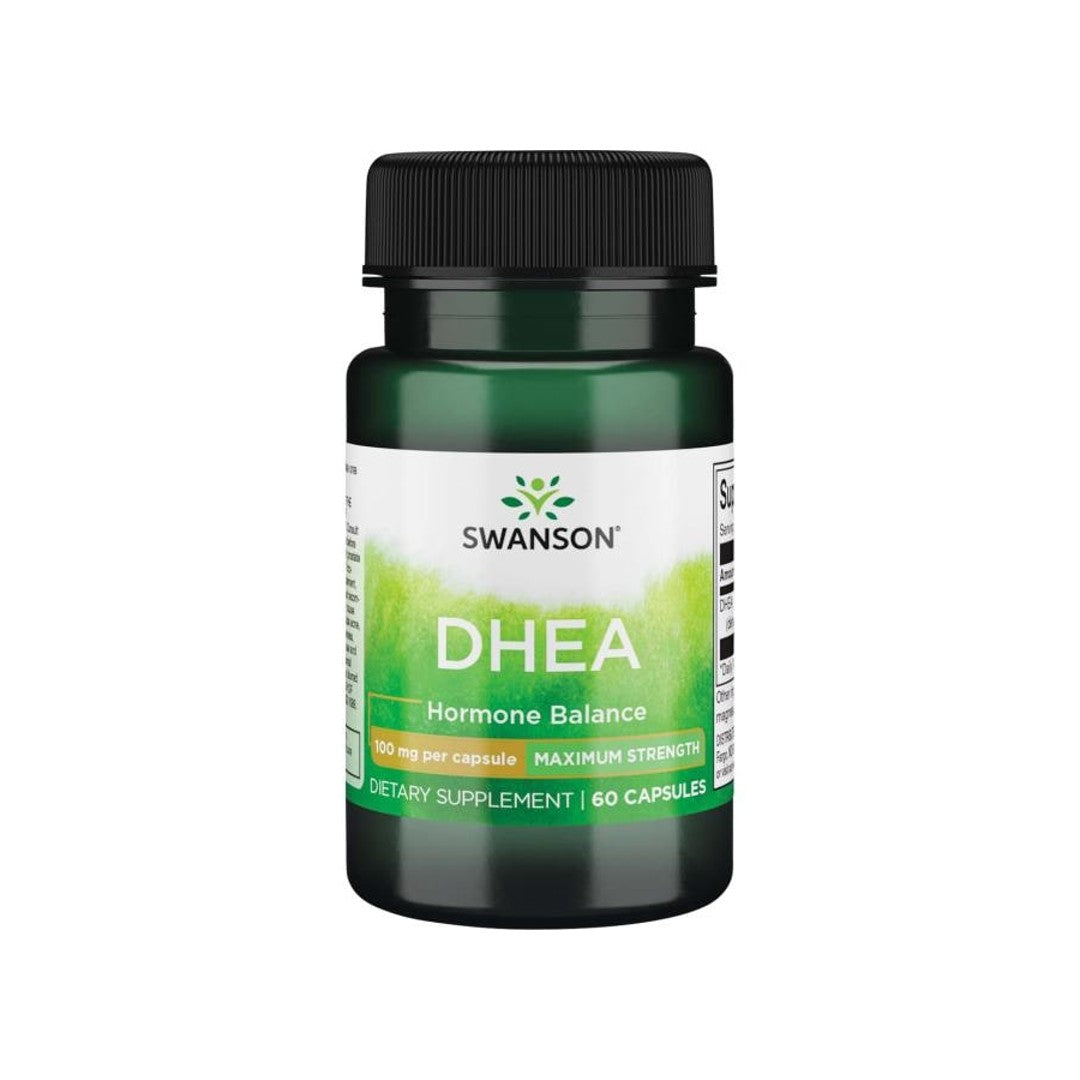 A bottle of Swanson DHEA - 100 mg 60 capsules.