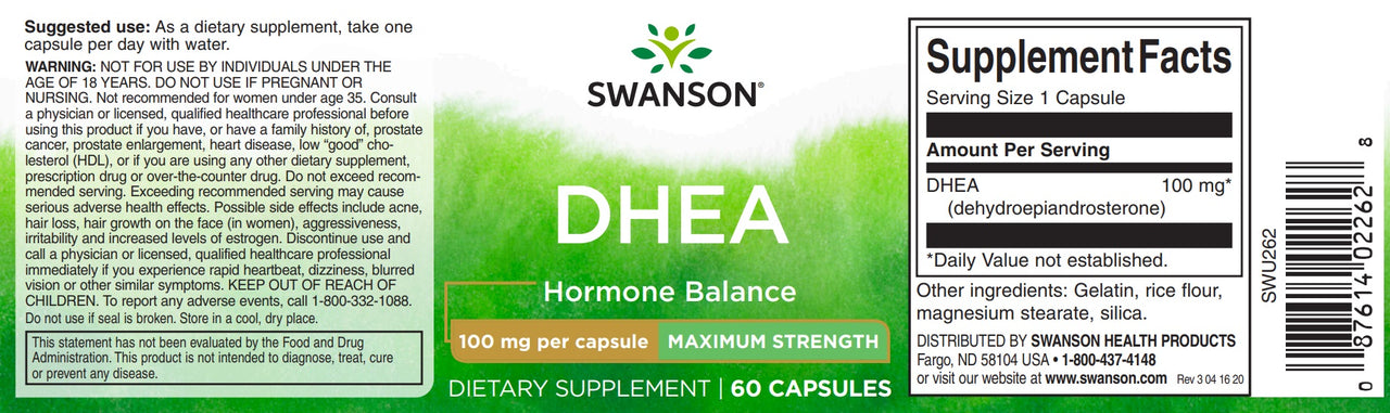 A label for Swanson DHEA - 100 mg 60 capsules.