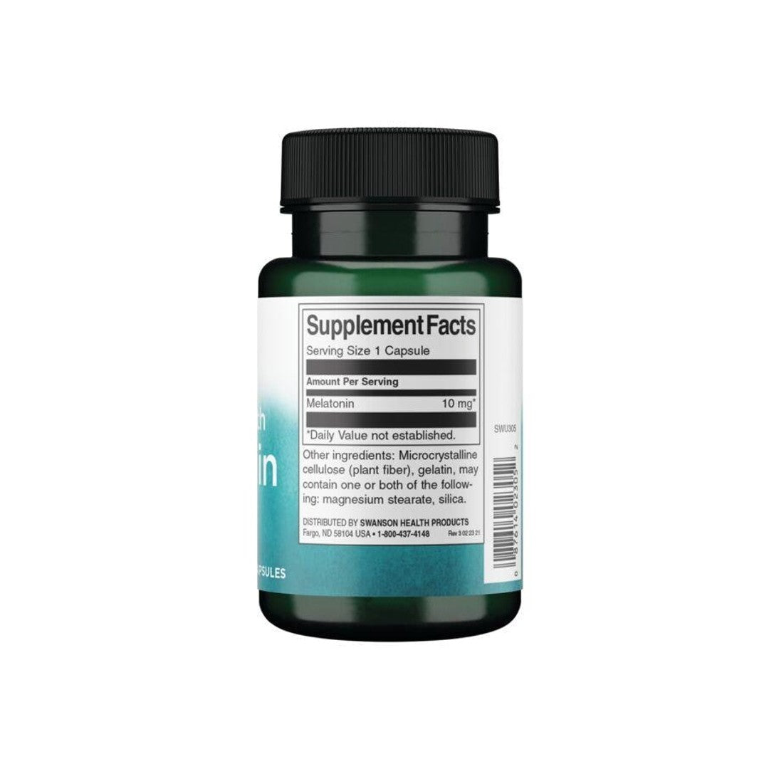 A bottle of Swanson Melatonin - 10 mg 60 capsules on a white background.