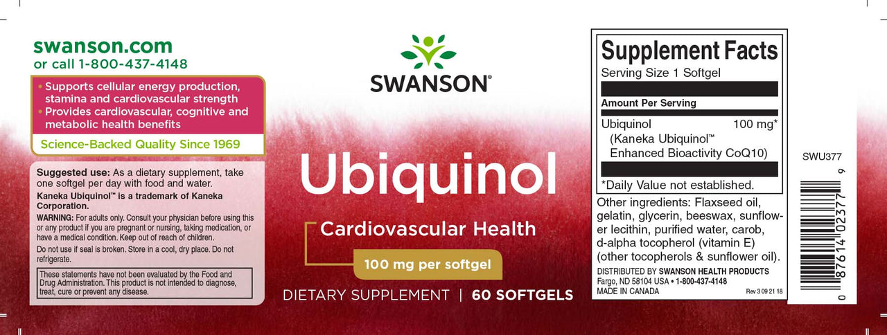 Swanson's Ubiquinol - 100 mg 60 softgel supplement, also known as CoQ10, is designed to support cardiovascular strength. With the powerful antioxidant properties of ubiquinol and ubiquinone, this premium supplement.