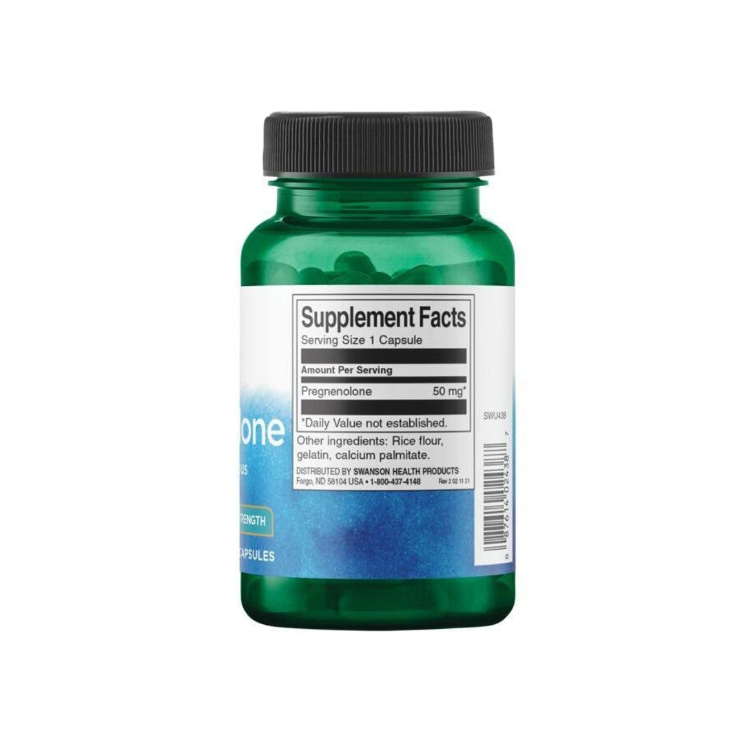 A bottle of Swanson Pregnenolone - 50 mg 60 capsules, a prohormone and hormonal precursor, on a white background.