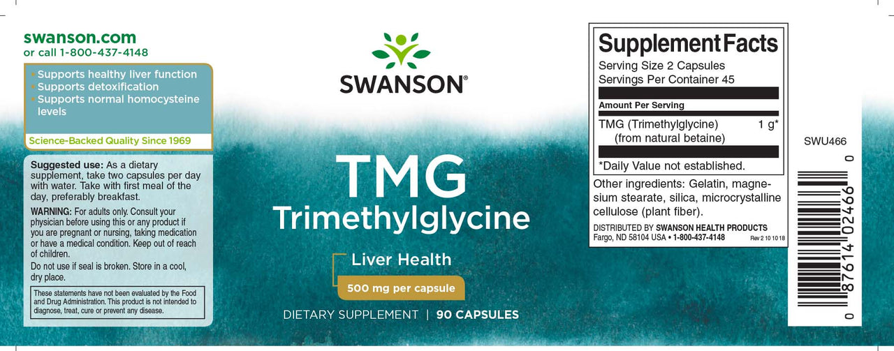 Swinson TMG Trimethylglycine - 500 mg 90 capsules is a dietary supplement that promotes liver function and detoxification.