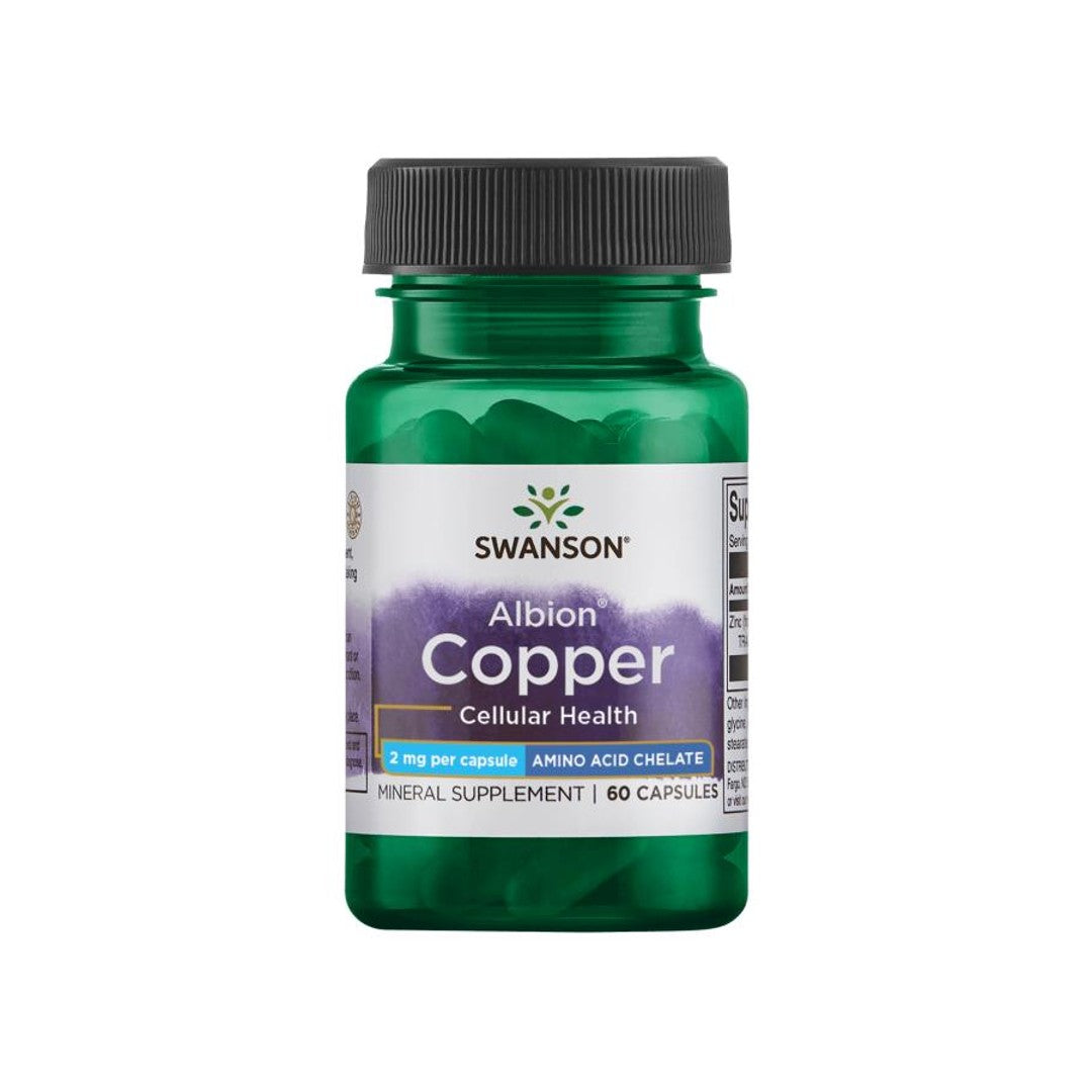 A bottle of Copper - 2 mg 60 capsules Albion Chelated by Swanson.