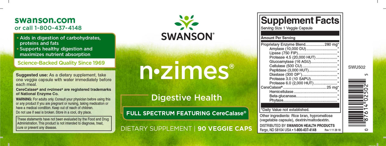 Swanson N-Zimes - 90 vege capsules digestive supplement label.