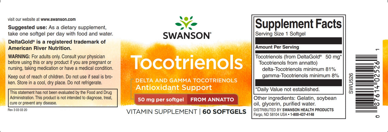 Swanson Tocotrienols - 50 mg 60 softgel supplement bottle for healthy cholesterol levels and antioxidant support.