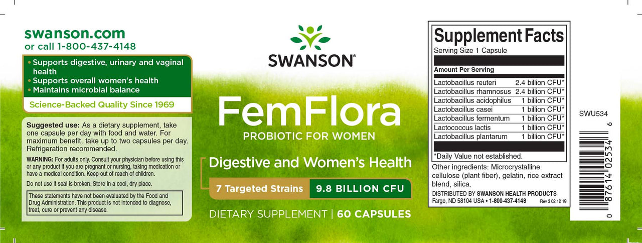Swanson FemFlora Probiotic for Women - 60 capsules label.