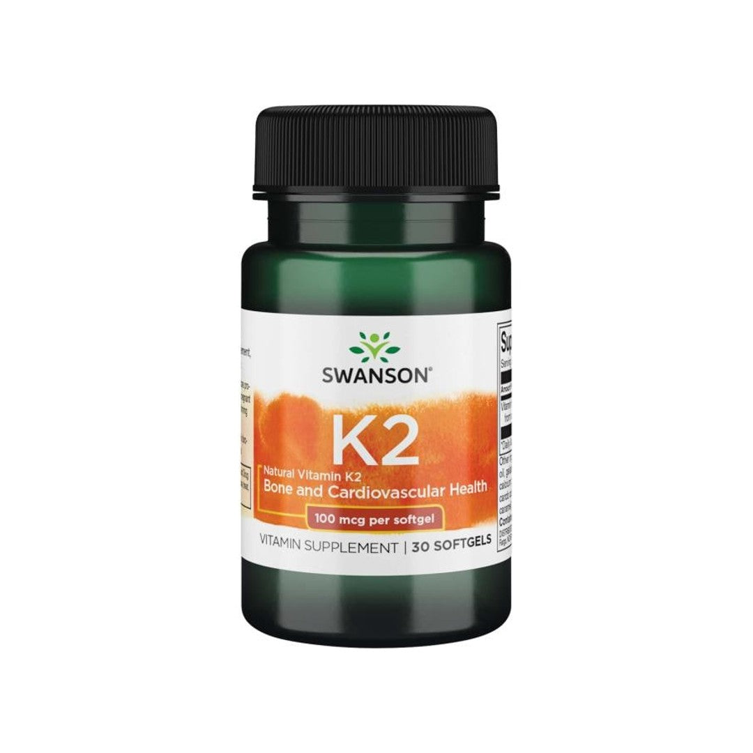 A bottle of Swanson Vitamin K2 - MK-7 - 100 mcg 30 softgels, promoting healthy bones and combating osteoporosis.