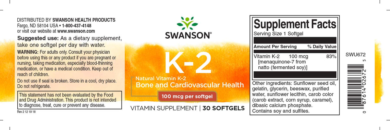 Vitamin K2 - MK-7 - 100 mcg 30 softgels - label