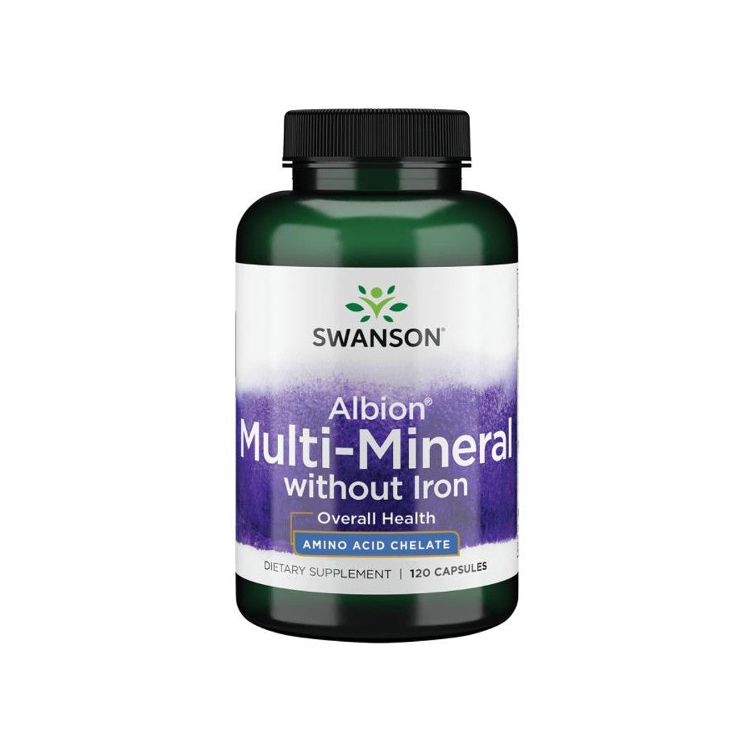 The Swanson Multi-Mineral without Iron Albion - 120 capsules is an iron-free multimineral formula utilizing Albion's breakthrough chelation technologies for highly absorbable mineral glycinates.