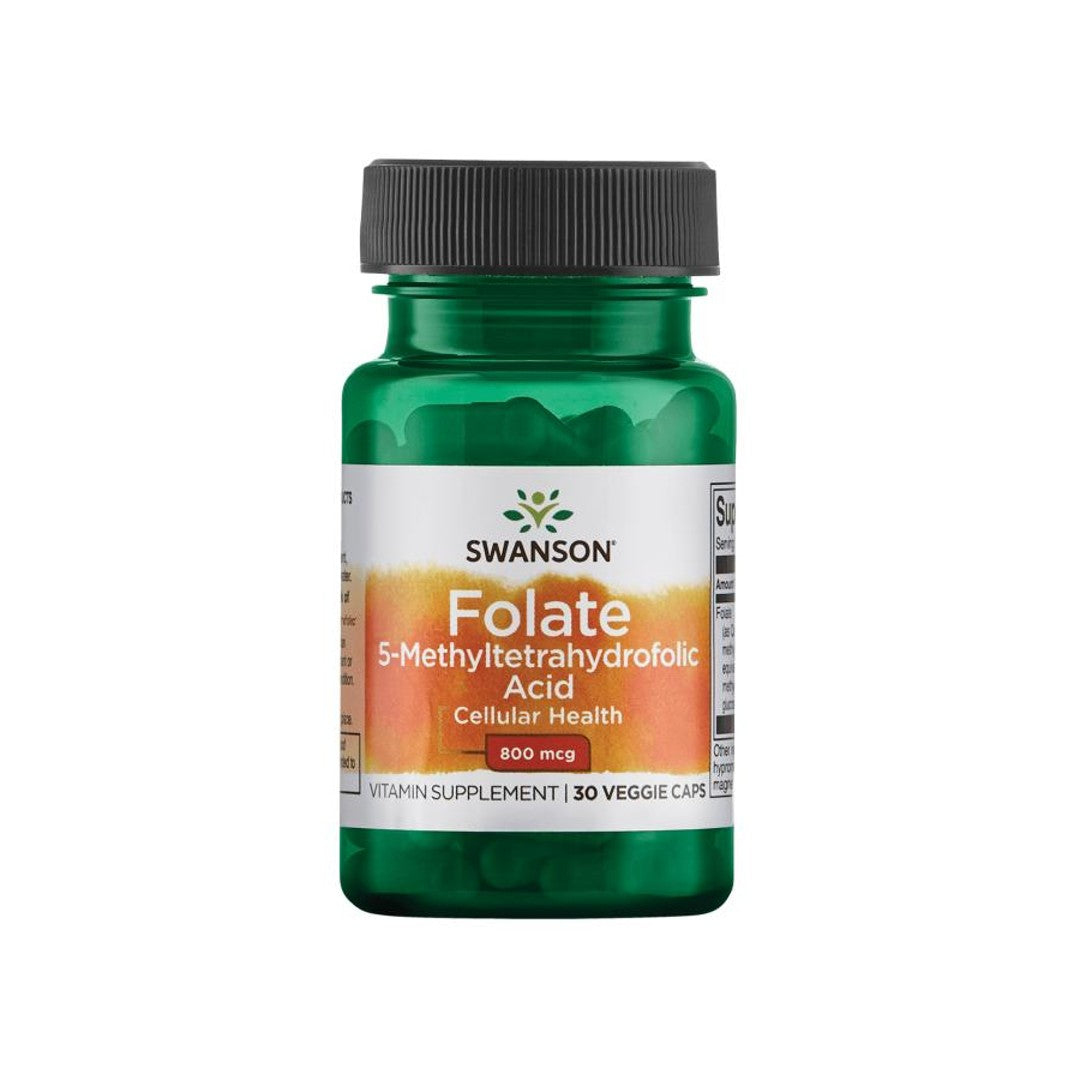 A bottle of Swanson's Folate 5-MTHF - 800 mcg 30 capsules supplement.