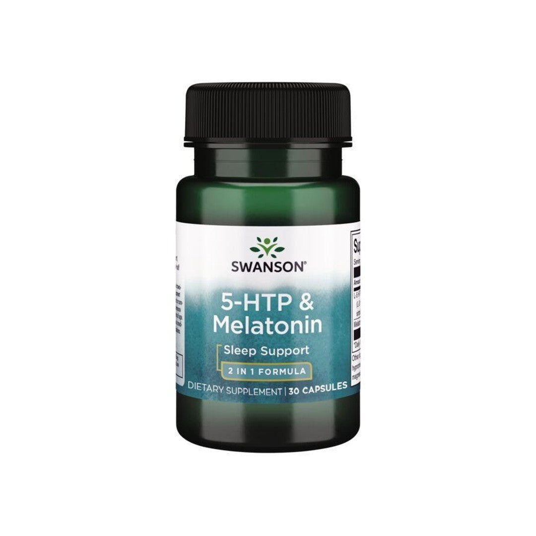 A bottle of Swanson 5-HTP 50 mg & Melatonin 3 mg 30 capsules.