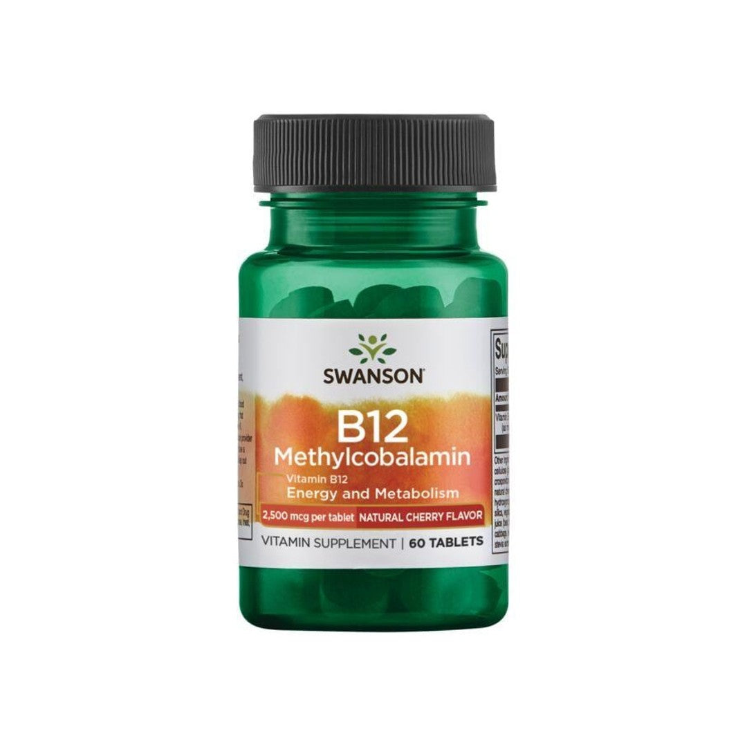 A bottle of Swanson's Vitamin B-12 - 2500 mcg 60 tabs Methylcobalamin supplement for red blood cell production and metabolic health.