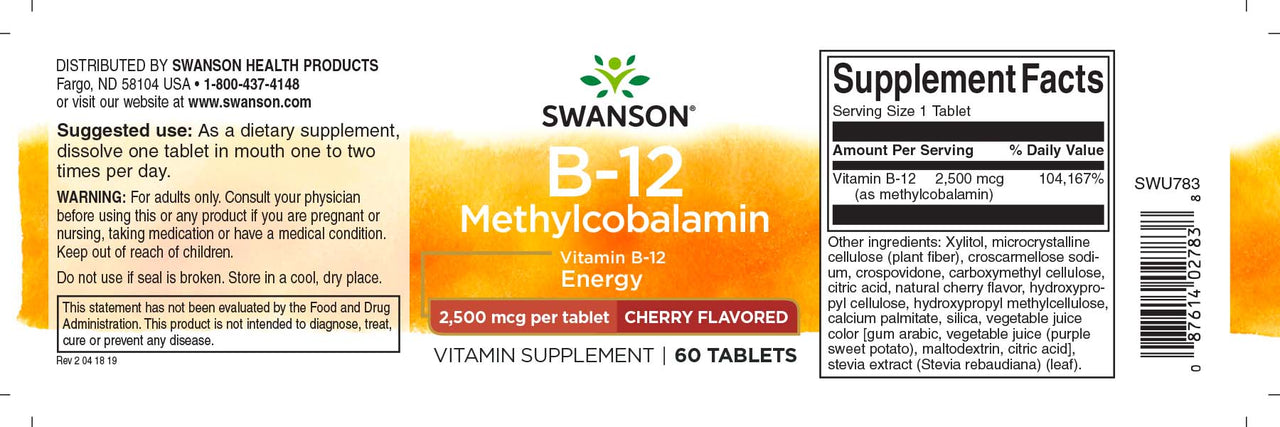 Swanson's Vitamin B-12 - 2500 mcg 60 tabs Methylcobalamin supplement label supports red blood cell production and metabolic health.