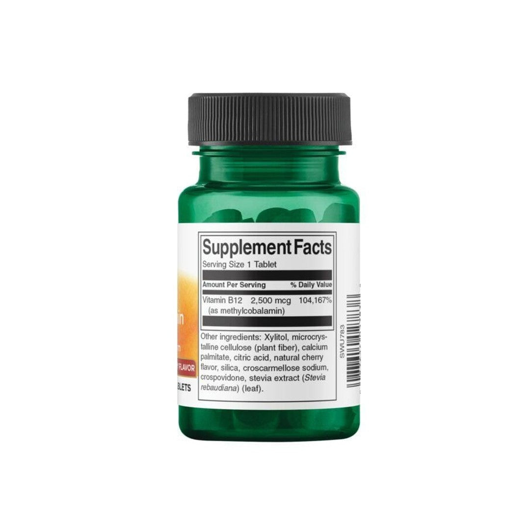 A bottle of Swanson Vitamin B-12 - 2500 mcg 60 tabs Methylcobalamin capsules on a white background, promoting metabolic health and energy production.