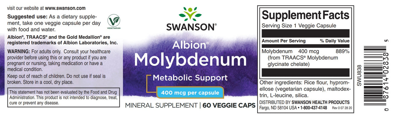 Molybdenum - 400 mcg 60 capsules Albion Chelated - label