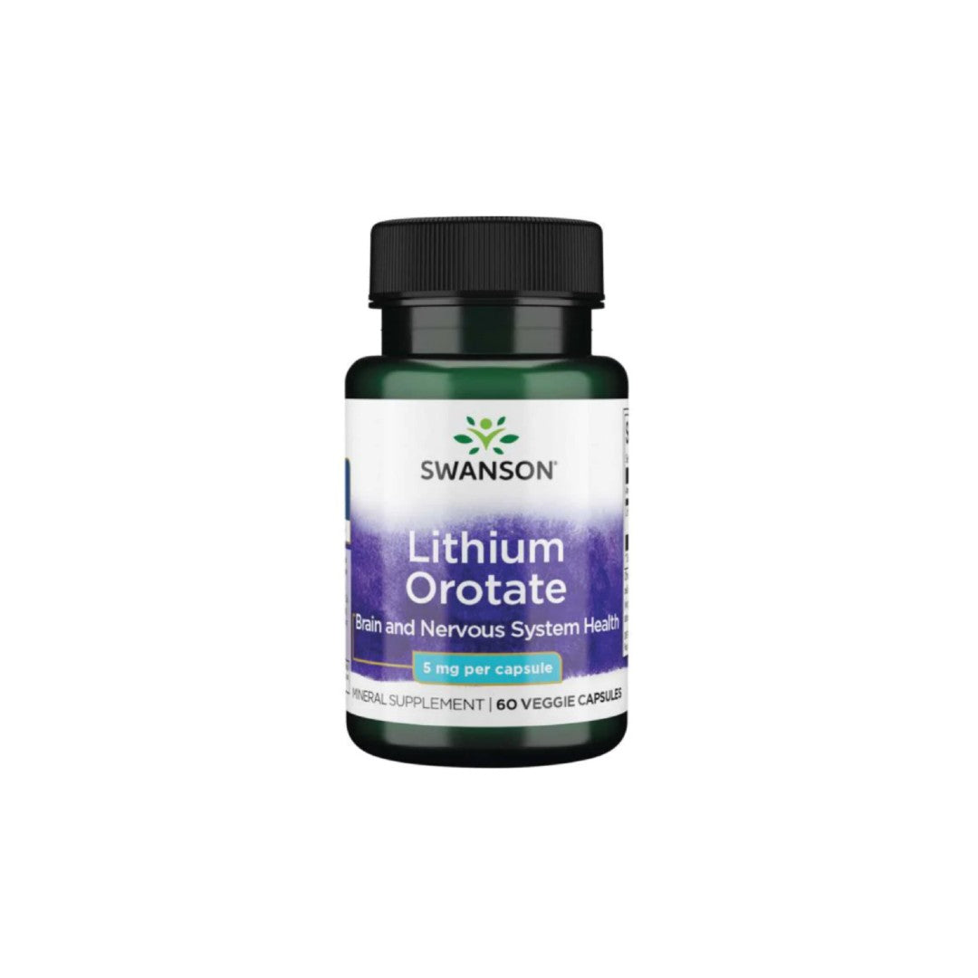 A bottle of Swanson Lithium Orotate - 5 mg 60 veg capsules.