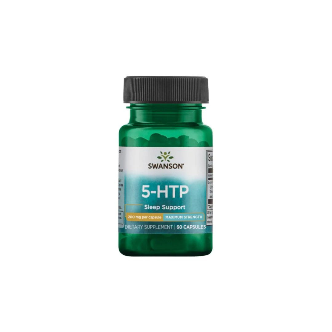 A bottle of Swanson 5-HTP Maximum Strength 200 mg 60 Capsules on a white background.