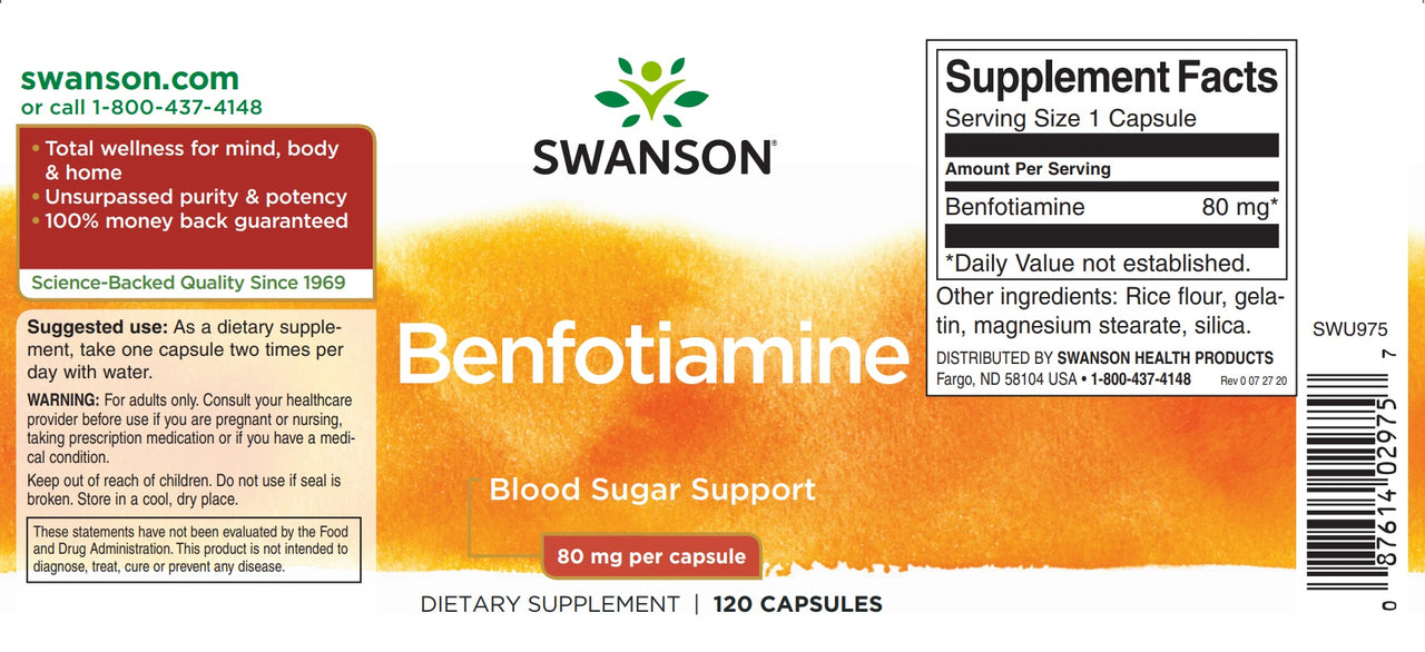 Swanson's Vitamin B-1 Benfotiamine - 80 mg 120 capsules supplement label promotes healthy glucose metabolism for the kidneys and retinas of the eyes.