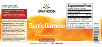 Thumbnail for Swanson's Vitamin B-1 Benfotiamine - 80 mg 120 capsules supplement label promotes healthy glucose metabolism for the kidneys and retinas of the eyes.