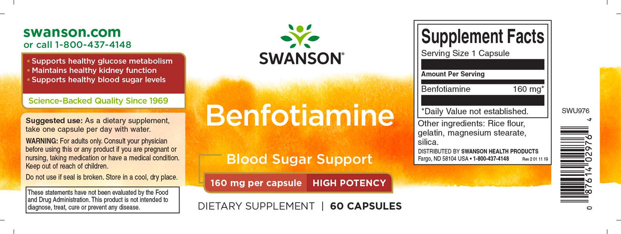 Swanson Vitamin B-1 Benfotiamine supplement label designed to support healthy blood sugar levels and improve glucose metabolism.