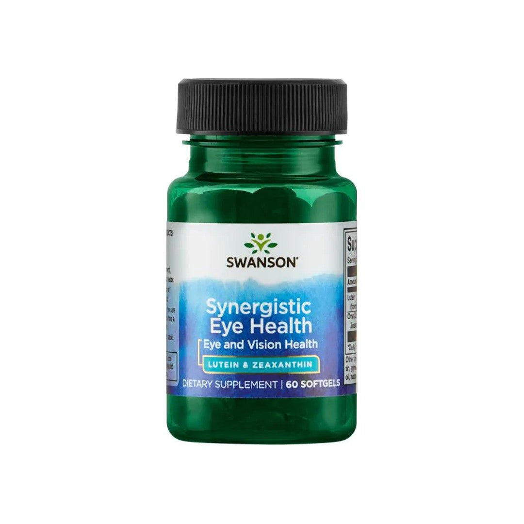 A bottle of Swanson Synergistic Eye Health - Lutein & Zeaxanthin - 60 softgel containing zeaxanthin and lutein.