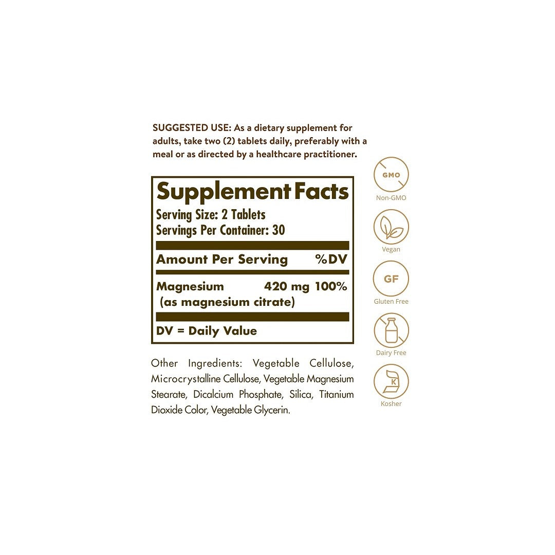 A label showing the ingredients of Solgar's Magnesium Citrate 420 mg 120 tabs supplement.