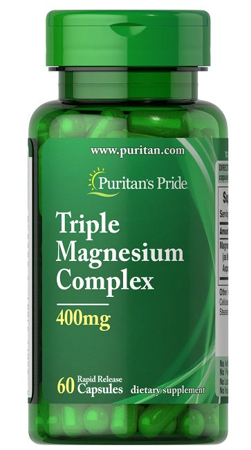 A bottle of Puritan's Pride Triple Magnesium Complex 400 mg 60 Rapid Release Capsules, designed to support bone tissue health and help regulate blood pressure levels.