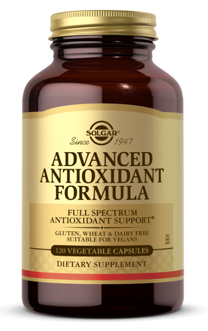 A bottle of Solgar Advanced Antioxidant Formula 120 Vegetable Capsules.