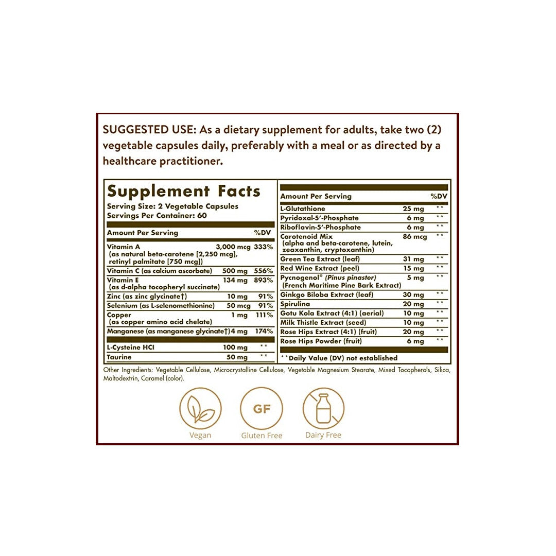 A label showing the ingredients of Solgar's Advanced Antioxidant Formula 120 Vegetable Capsules supplement.