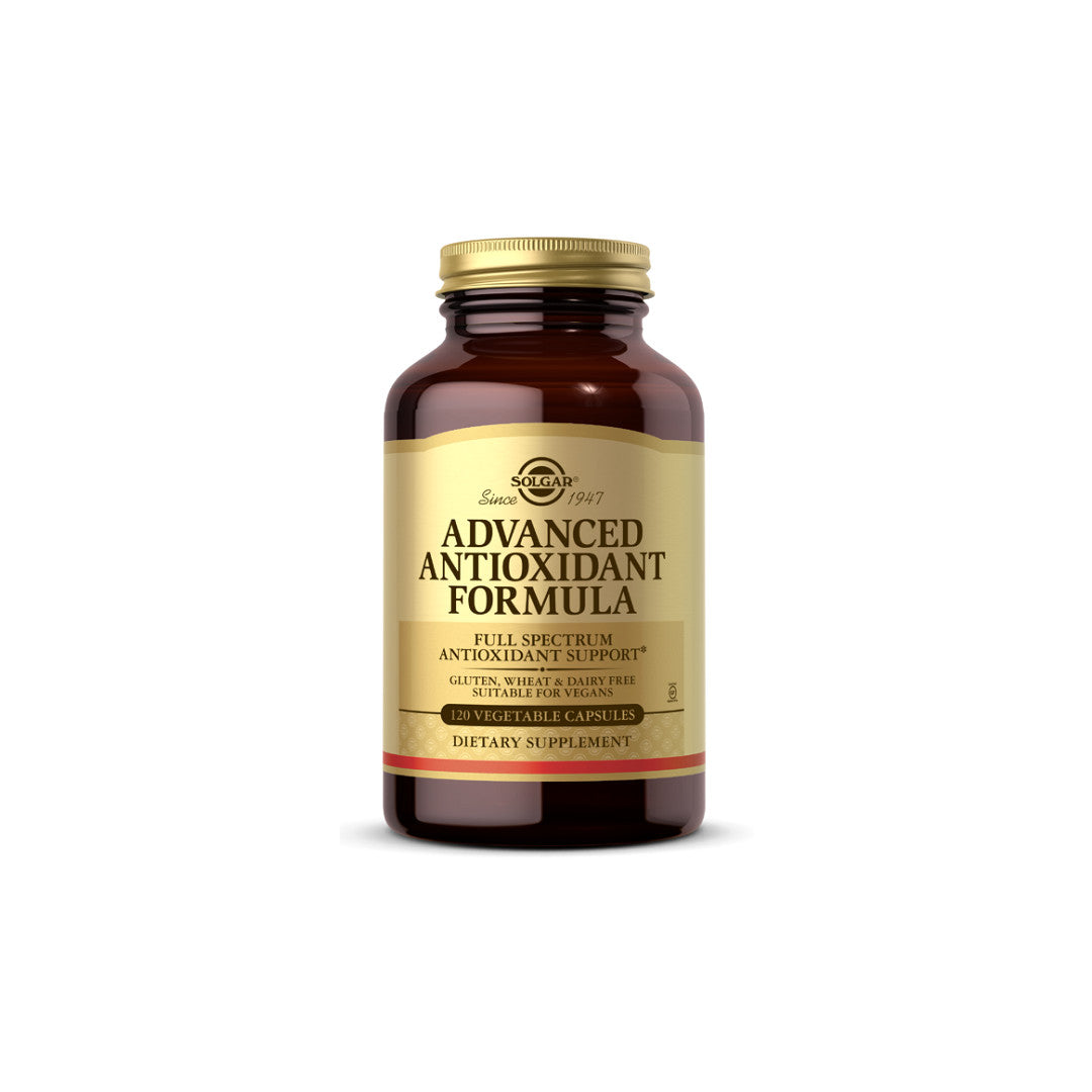A bottle of Solgar's Advanced Antioxidant Formula 120 Vegetable Capsules.
