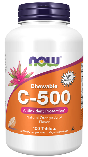 The Now Foods Vitamin C 500 mg 100 chewable tablets Orange flavor is a dietary supplement that provides powerful antioxidant support to promote a healthy immune system and combat free radicals.