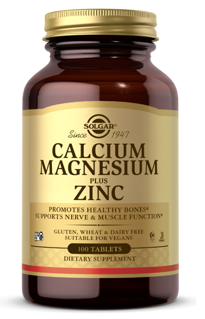 A 100-tablet bottle of Solgar Calcium Magnesium Plus Zinc, a dietary supplement.
