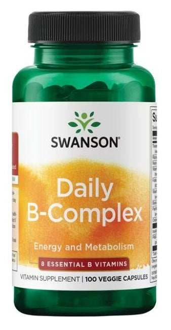 A bottle of Swanson B-Complex Daily 100 vcaps.