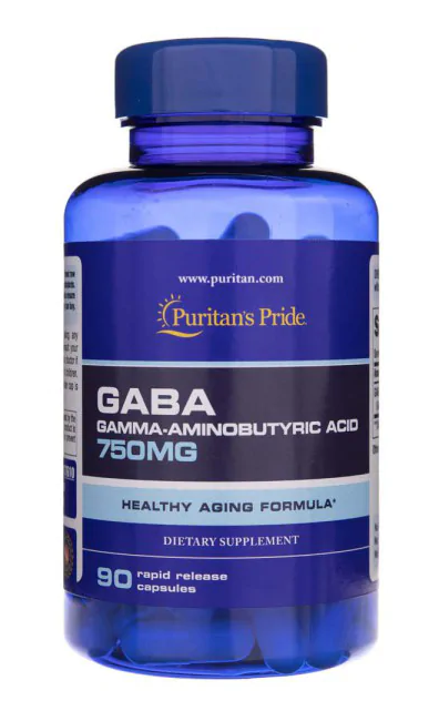 A bottle of Puritan's Pride GABA 750 mg 90 caps supplement with 750mg of gamma linolenic acid.