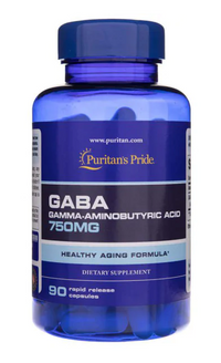 Thumbnail for A bottle of Puritan's Pride GABA 750 mg 90 caps supplement with 750mg of gamma linolenic acid.
