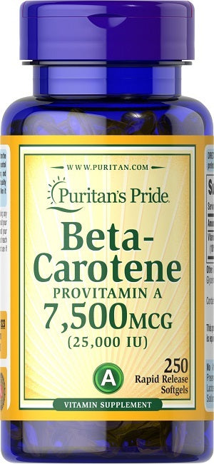 Puritan's Pride Beta Carotene - 25000 IU 250 softgel Vitamin A dietary supplement.