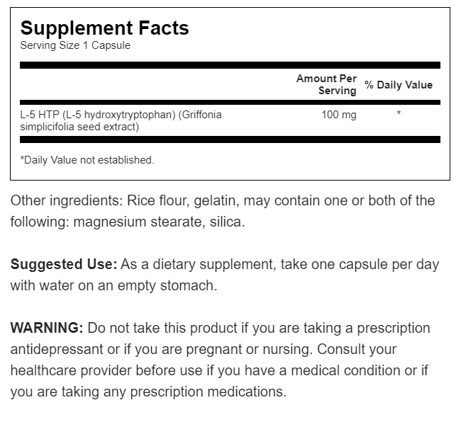 A label for Swanson's 5-HTP Extra Strength - 100 mg 60 capsules supplement with a list of ingredients.