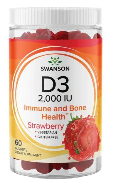 A jar of Swanson Vitamins D3 2000 IU 60 gummies - Strawberry immune and bone health gummies.