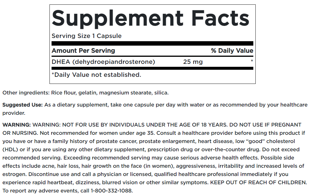 A Swanson supplement label with information about the DHEA - High Potency - 25 mg 120 capsules.