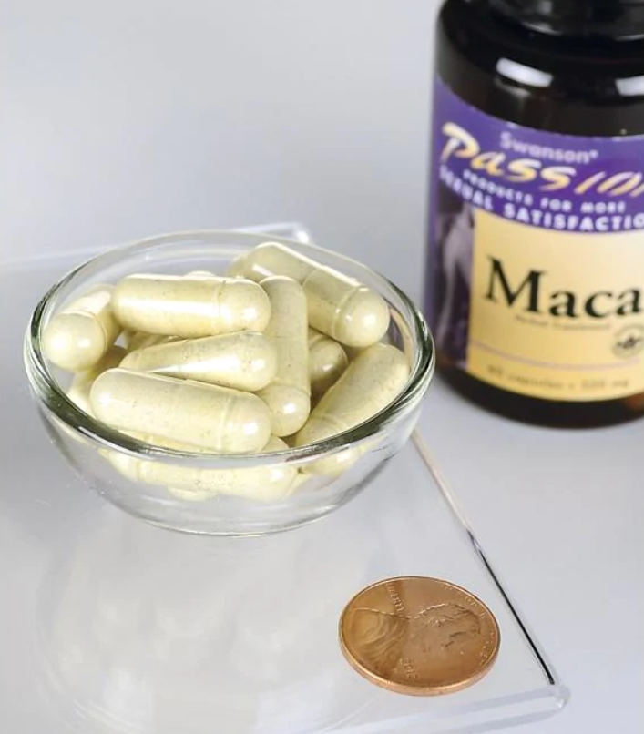 A bowl of Swanson Maca - 500 mg 60 capsules and a penny next to it.