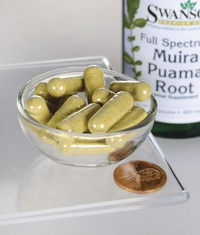 Thumbnail for A bottle of Swanson Full Spectrum Muira Puama - 400 mg 90 capsules with a penny next to it.