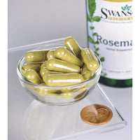 Thumbnail for A bowl containing a bottle of Swanson Rosemary - 400 mg 90 capsules, an antioxidant-rich herb, and a penny.