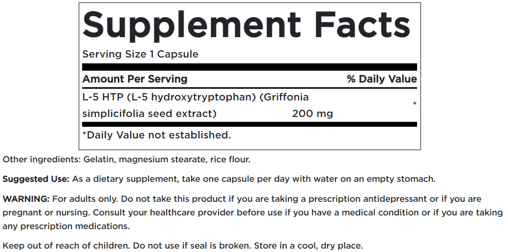 A label for Swanson's 5-HTP Maximum Strength 200 mg 60 Capsules supplement.