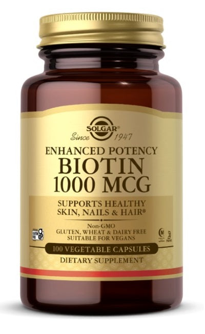 Solgar's Biotin 1000 mcg 100 vcaps offers enhanced potency as a dietary supplement.