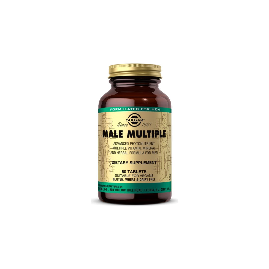 A bottle of Solgar Male Multiple Multivitamins & Minerals for Men 60 Tablets.