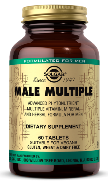 A bottle of Solgar Male Multiple Multivitamins & Minerals for Men 60 Tablets.