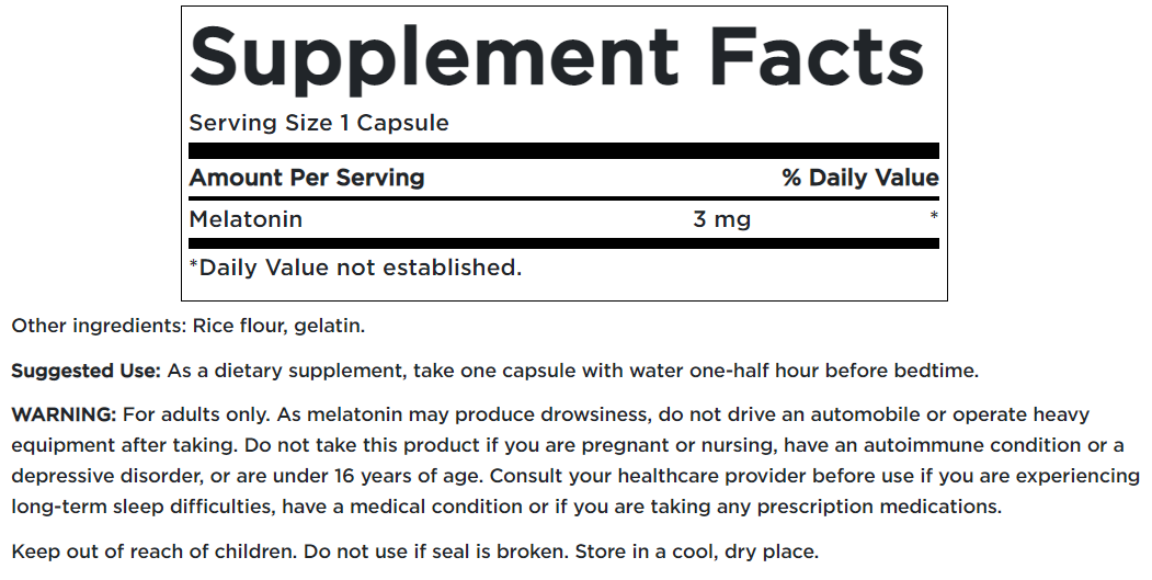 A label for Swanson Melatonin - 3 mg 120 capsules supplement.