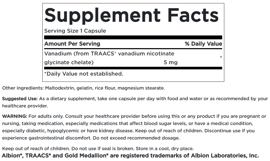 A label for Swanson Albion Vanadium Chelated - 5 mg 60 capsules supplement.